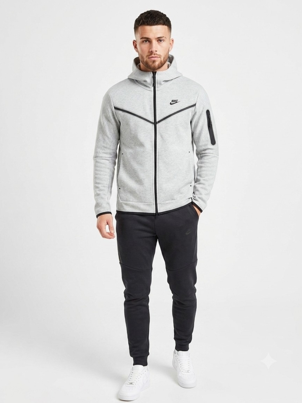 Nike Men's Light Gray Hooded Performance Jacket with Black Trim